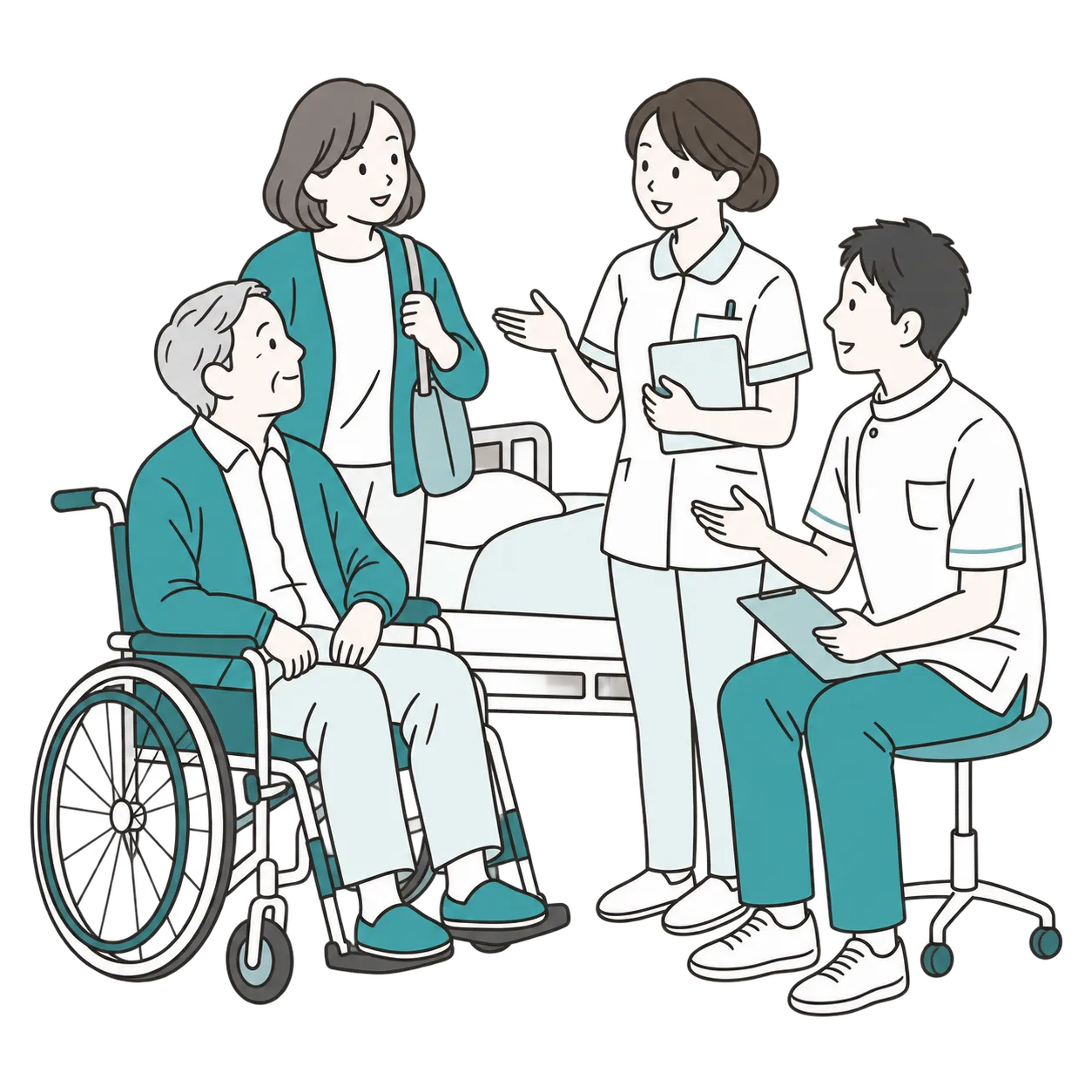 病院のベッドサイドで家族がリハビリ職員に相談している様子のイラスト