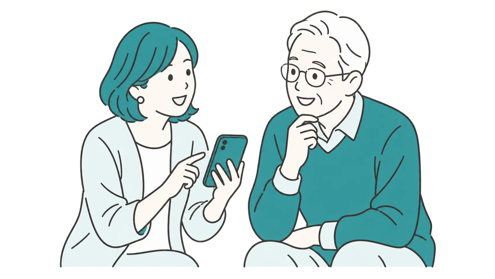 スマートフォンを見ながら話す家族と高齢の親